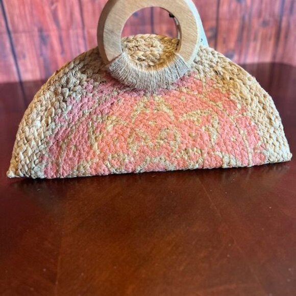 Antik Kraft Jute Woven Clutch With‎ Wooden Handles & Pink Pattern purse handbag - Picture 9 of 10